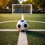 Ein Fußball liegt auf dem Anstoßpunkt im Mittelkreis eines Fußballfeldes mit Blick auf des Fußballtor (KI-generiertes Bild) &copy;EGem Stadt Tangerhütte