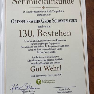Ansicht der Ehrenurkunde für das Jubiläum der FFW Groß Schwarzlosen