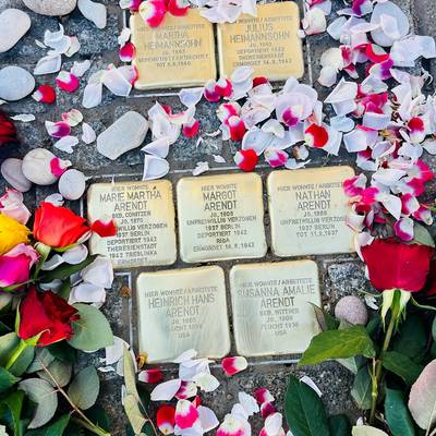 Die fertig verlegten Stolpersteine eingebettet in niedergelegten Blumen