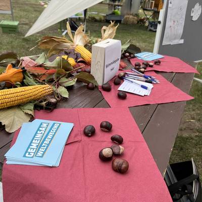 schön dekorierter Tisch mit herbstlicher Dekoration mit einer Box für die SAtimmenabgabe