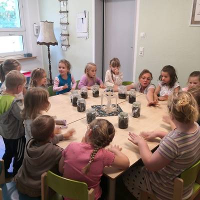 Die Kinder der KITA Waldesrand simulieren einen Wasserkreislauf im Glas